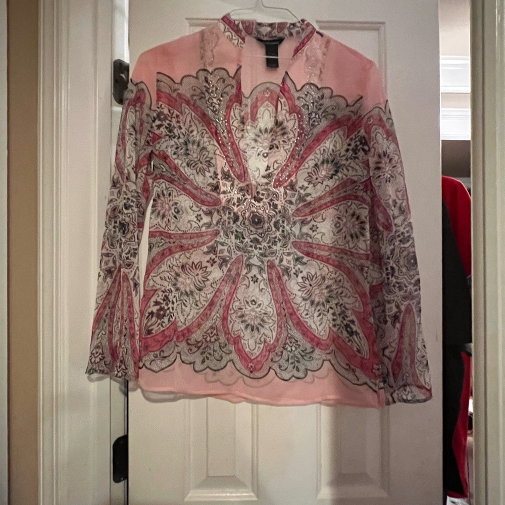 Moda International Pink and Gray Patterned Blouse